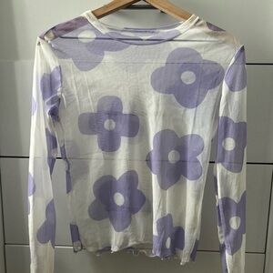 Floral Sheer Long Sleeve Top - White and Purple